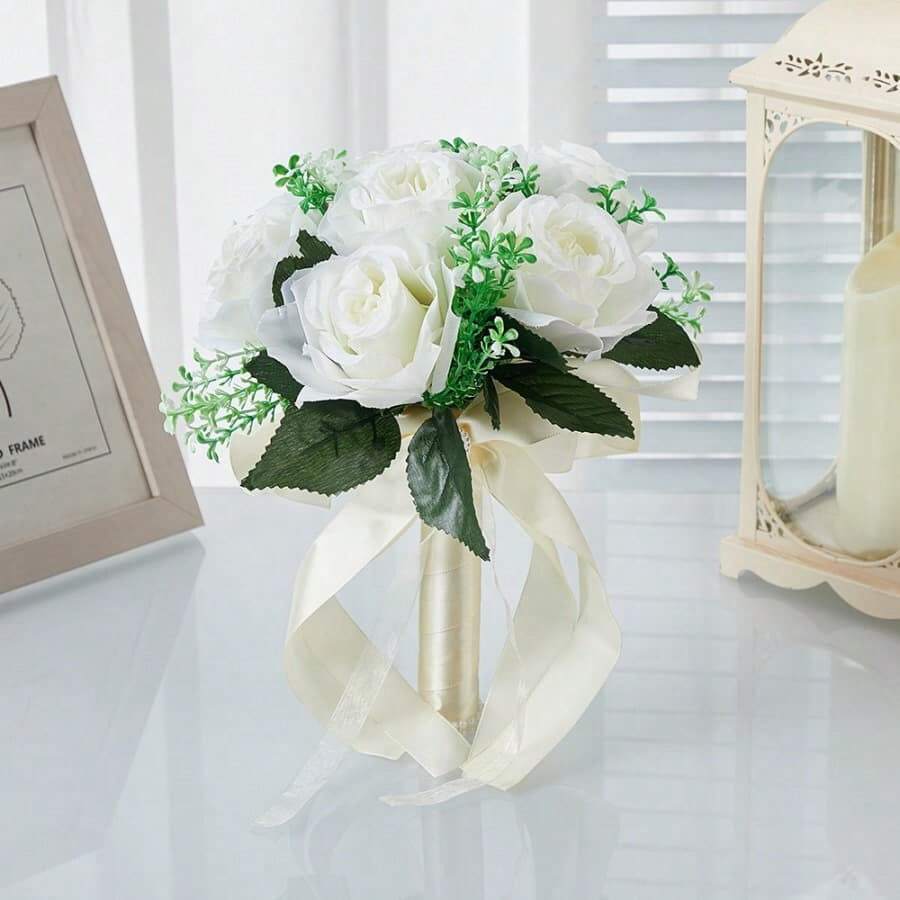 新娘婚礼捧花，逼真玫瑰花，优雅人造花束配珍珠手柄 - 白色1件 - 查看 1
