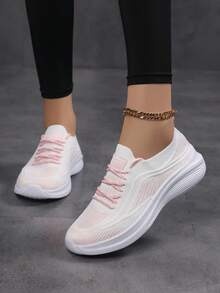 女士透气针织休闲平底一脚蹬鞋，轻便舒适，浅粉色 - 淺粉色 - 查看 5