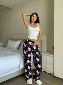 SANRIO 1 chiếc quần dài ống đứng màu đen mềm mại và dễ thương in họa tiết hoạt hình, quần ngủ mặc nhà dành cho nữ. - màu đen - Xem 6