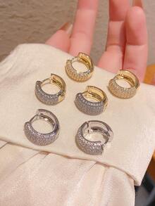 1 Pair Minimalist Luxury Gold & Silver Micro-Inlaid Zirconia Hoop Earrings, Lightweight Elegant Commuter Earrings For Women - Fashion Earrings - View 3