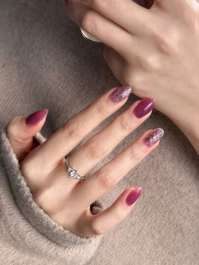 24pcs Short Oval Purple Glamour Press-On Nails, Shiny Design Full Coverage Fake Nails, Nail Supplies Suitable For Party, Date And Daily Wear