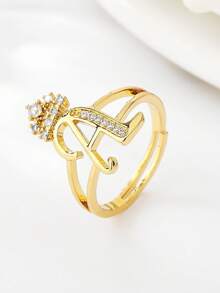 1 pieza Anillo con diseño de corona y letra con micro-incrustación de circonita, elegante y de moda, adecuado para uso diario, ir al trabajo y citas - Anillo de corona - Ver 1