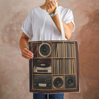 1 chiếc túi tote nhạc retro, đa năng dùng được cả khi đi du lịch và hàng ngày, in hình máy nghe nhạc và loa vinyl cổ điển, túi đeo vai gấp gọn dung tích lớn bền chắc, phong cách hệ thống âm thanh retro.