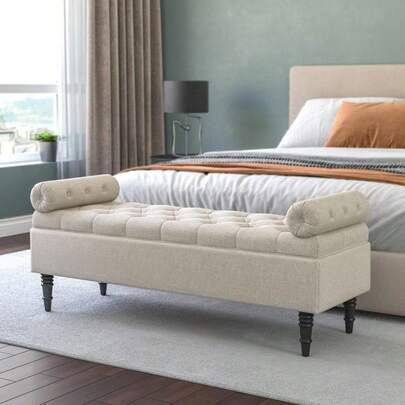 49.61 Inches Wide Velvet Upholstered Storage Bench With Side Arms Multi-Purpose Footstool For Living Room Bedroom