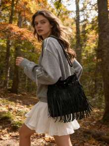 复古皮革斜挎包，波西米亚风单肩包，铆钉流苏装饰方形休闲邮差包，适合旅行和日常使用，便携式商务单肩手提包，带流苏 - 黑色 - 查看 4