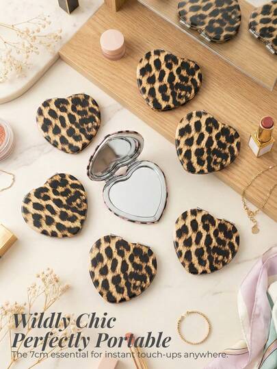 1个双面化妆镜，PU皮革材质，豹纹图案，多功能便携镜（圆形/心形/方形），高清便携小镜，适合学生、通勤、旅行、日常使用。