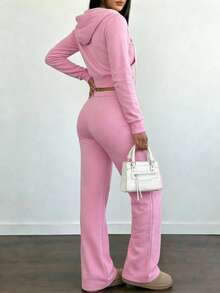 Valentine's Day, Loungewear Outfit, Gifts For Her Women's Cozy Pink Velour Two-Piece Tracksuit Set With Cropped Zip-Up Hoodie And Wide-Leg Pants For Casual Wear - Hồng - Xem 8