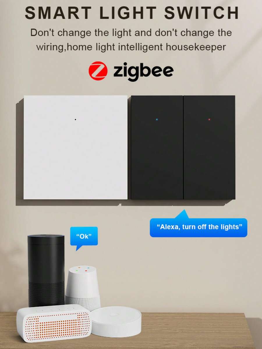 符合欧盟标准的 ZigBee 智能灯开关 – 可选 1/2/3/4 位联，兼容 Alexa/Smart Life/Tuya，支持 APP 远程和语音控制，带定时器和倒计时功能，无需零线，采用阻燃 PC 面板，功率 600W，LED 背光，需搭配网关使用。 - 彩色 - 查看 1