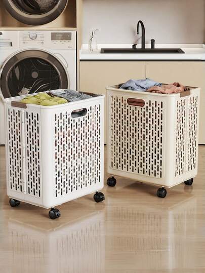 1 giỏ đựng quần áo bẩn bằng nhựa có thể gấp gọn, có bánh xe và tay cầm, dùng để đựng đồ giặt, hộp đựng đồ, có thể thu gọn, có bánh xe di chuyển, giá đựng đồ giặt, thích hợp cho phòng giặt và phòng tắm.