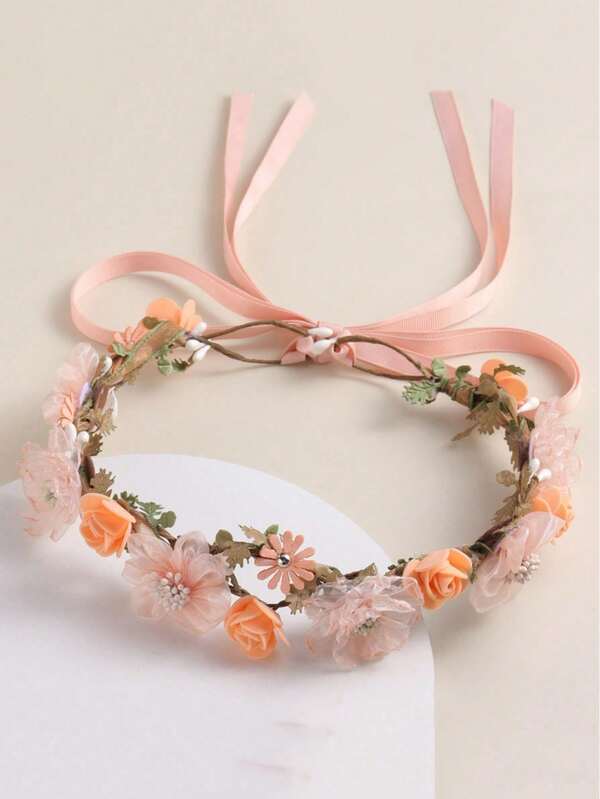 1pc Elegant Floral Wreath Headpiece, Romantic Pink Faux Flower Crown, Bridal Wedding Photography Travel Accessory