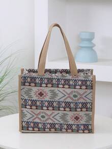 New Thick Knit Jacquard Fabric Handbag, Large Capacity Portable Lunch Box Storage Bag, Bento Bag, Lunch Bag, Suitable For Office Lunch, Outdoor Picnic, Lunch Box Storage, Aluminum Foil Insulation Layer Inside, Zipper Pocket In Front - Beige - View 4
