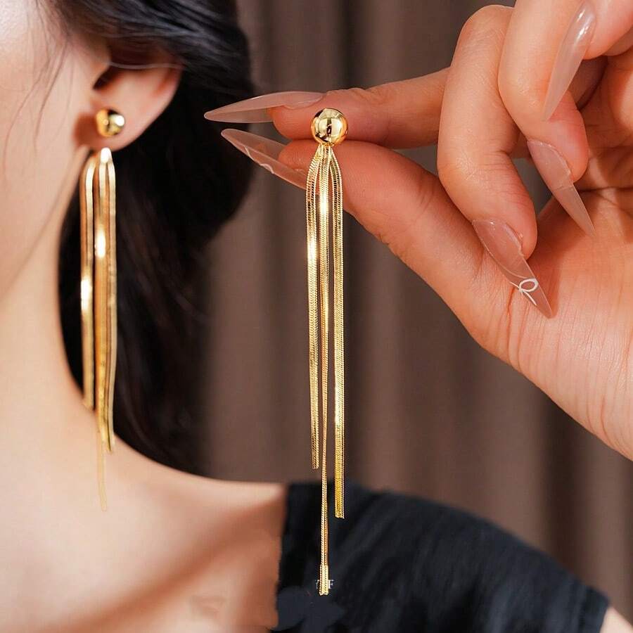 1 par de pendientes geométricos de acero inoxidable chapado en oro de 18K, diseño minimalista y único, pendientes elegantes para mujeres - Dorado - Ver 1