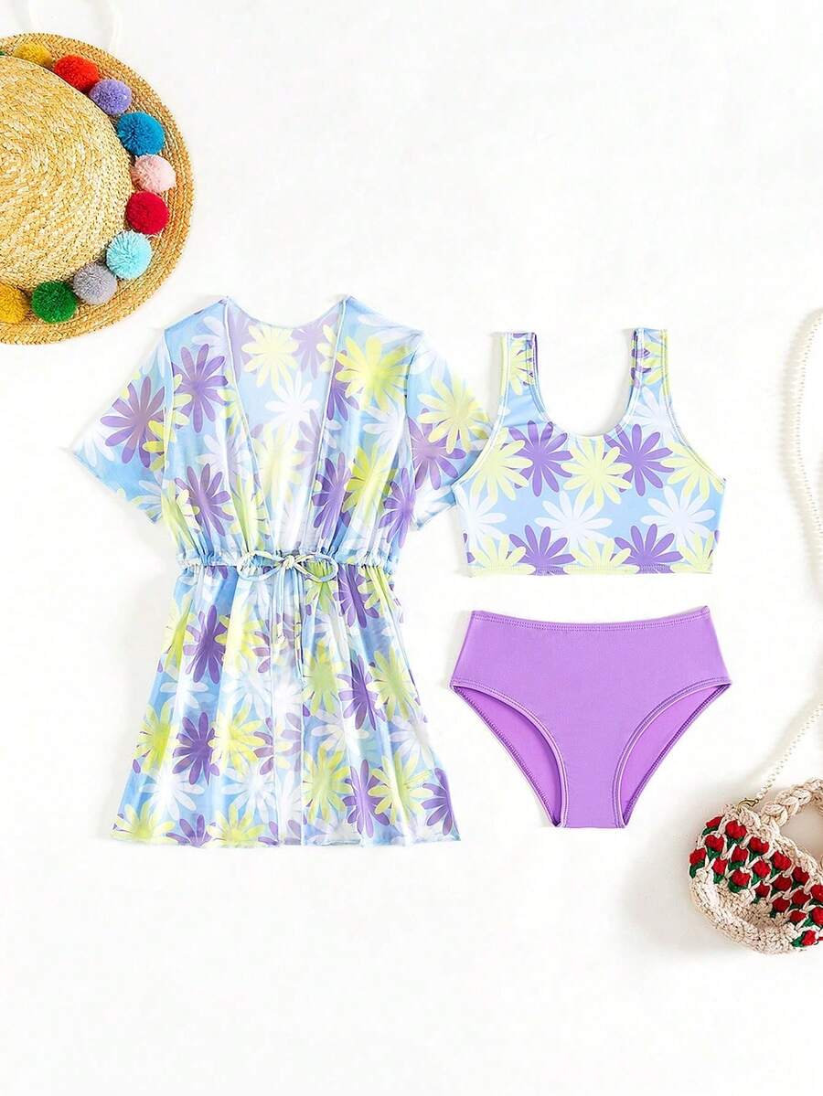 Bộ áo tắm tankini in họa tiết toàn thân dành cho bé gái, kèm áo khoác ngoài. - Nhiều màu - Xem 1