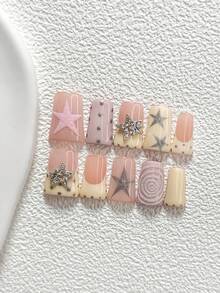 10件套马卡龙色凝胶美甲套装，包含亚克力美甲贴纸、银色3D水钻五角星美甲装饰、手绘哑光粉色五角星、银色猫眼五角星、银色波点美甲装饰、黄色指甲油，以及美甲工具（1个果冻贴纸+1个指甲锉），三种尺寸：杏仁形、鸭嘴形、棺材形。 - 彩色 - 查看 14