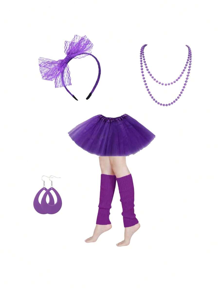 80s Retro Women's Outfit Set, Including Tulle Skirt, Neon Party Leggings, Neon Necklace, Earrings, Headband, Fishnet Gloves, Suitable For Valentine's Day, Prom, Halloween And Other Occasions - Multicolor - View 1