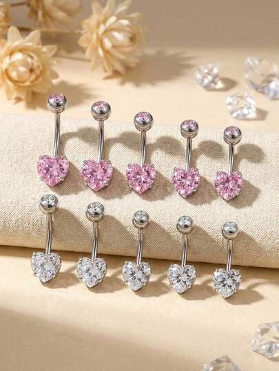 1件钛合金心形立方氧化锆肚脐环，G23肚脐环 14G肚脐穿孔长款肚脐穿孔饰品粉色立方氧化锆肚脐环女士