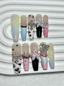 10片装多巴胺岛法式手工按压式美甲贴片，3D浮雕花朵长款假指甲，带钻石装饰，夏季海滩必备美甲用品（1片果冻贴纸+1个指甲锉） - 彩色 - 查看 1