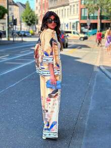 2pcs Set: City Print Shirt With Decorative Trim & Wide Leg Pants, Fashion Style - trái cam - Xem 3