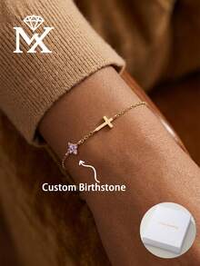 Custom Four Leaf Flower Birthstone Cross Bracelet, 14K Gold Personalized Zirconia Charm Bracelet, Religious Jewelry Gift For Her - Multicolor - View 1