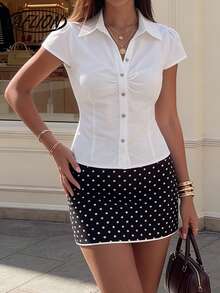 Aflion Women's White Pleated Collar Tie Heart Buckle Short Sleeve Blouse - Fashionable, Sexy, Elegant Style, Suitable For Summer, Parties, Clubs, Date Nights, Valentine's Day, Carnival, New Year And Other Occasions - White - View 6