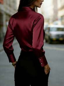 女士缎面衬衫，长袖纽扣衬衫，无弹力常规版型，适合春夏秋季穿着 - 酒紅色 - 查看 3