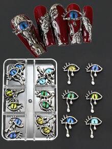 一盒12个邪眼美甲饰品，哥特暗黑风格，包括邪眼、蜘蛛、蝙蝠等图案，Y2K美甲配件，个性化美甲贴纸，DIY美甲宝石，美甲用品 - 彩色 - 查看 4