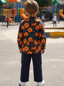 2pcs Kids Boys Retro Fashion Collar Print Long Sleeve Top And Pants Set, Casual Comfortable Spring/Autumn Outfit - Multicolor - View 8