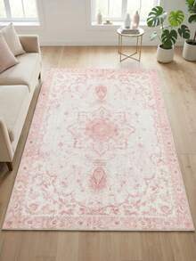 1pc Vintage Persian Oushak Style Velvet Area Rug, Distressed Floral Medallion Pattern Rectangular Carpet, Soft Pile Woven Floor Mat For Living Room Bedroom, Boho Chic Home Decor - A - View 3