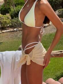 女士露背系带露脐上衣和丁字裤比基尼套装，露背系带设计，适合夏季海滩度假穿着 - 淡黃色 - 查看 3