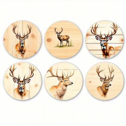 2D Flat Printed Farmhouse Style 6-Piece Set - 2D Wooden Round Coasters With Realistic Deer And Forest Patterns, 9 Inch (23cm) Diameter, Ideal For Valentine's Day, Home Decor And Romantic Dining