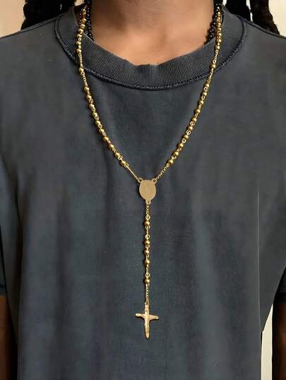 1件复古宗教不锈钢耶稣十字架和圣母玛利亚Y形项链，适合男士日常佩戴