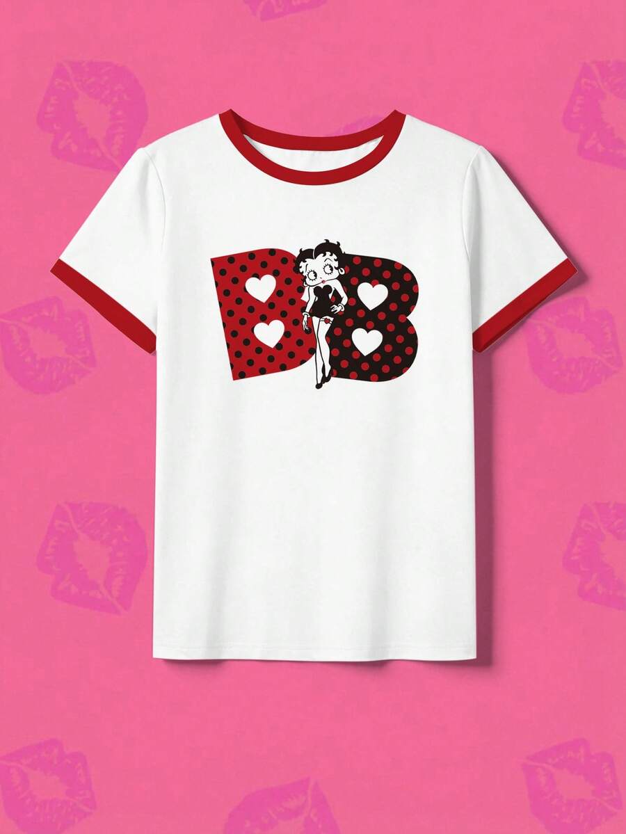 Whysmera SHEIN X Betty Boop Áo thun nữ hợp tác dễ thương, mang đến sự vui tươi cho trang phục thường ngày. - trắng - Xem 1