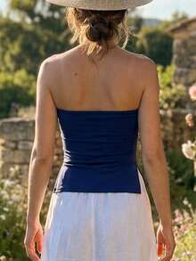 Women Strapless Backless Tube Tops Y2k Off Shoulder Side Split Hem Bandeau Top Sexy Slim Fit Going Out Tank Tops Summer Streetwear - 藏蓝色 - 查看 7