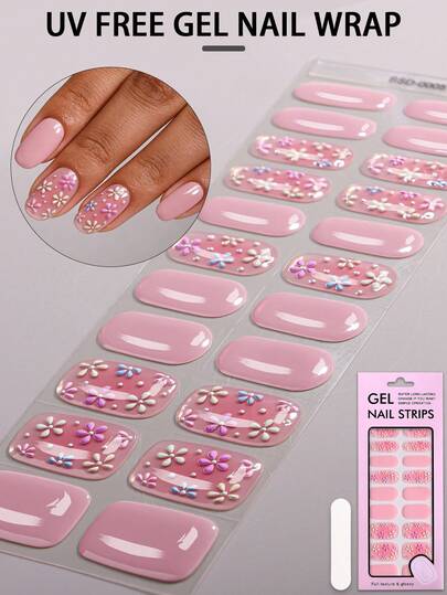 22Pcs Spring/Summer Nude Pink White Dots UV Free Gel Nail Strips,Multi-Coloured Floral FreshCute Style Nail Stickers, No UV Lamp Required,Easy To Apply Suitable For Women's Holiday Outings DIY Manicure