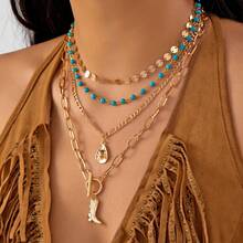 4pcs/Set Vintage Western Cowgirl Style Necklace Set, Gold Handmade Chain With Metal Cap And Boot Charm, Women Green Turquoise Necklace Fashion Jewelry, Suitable For Photo Shooting And Outdoor Travel, Women Western Jewelry - Multicolor - View 7