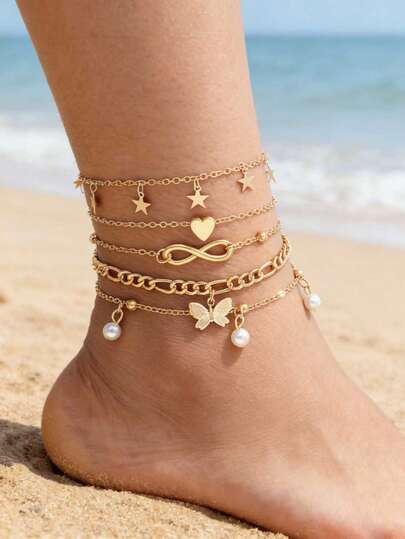 5pcs/Set Fashionable Minimalist Metal Pearl Star, Butterfly, Infinity Symbol Anklet Set, Suitable As Daily Wear Gift For Women