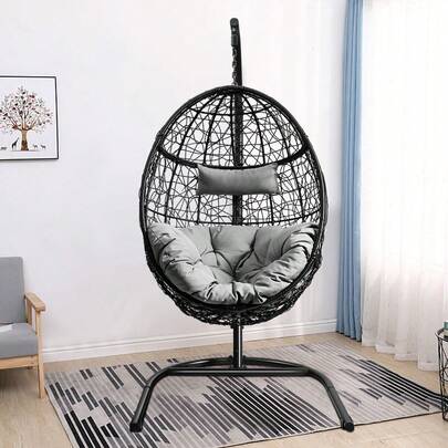  COSTWAY Egg Swing Chair With Stand, Ultraviolet-Resistant Seat Cushion, Pillow, Rattan Wicker Hammock Egg Chair, All-Weather Indoor Outdoor Hanging Basket Chair For Garden Yard Balcony Bedroom Home, Grey