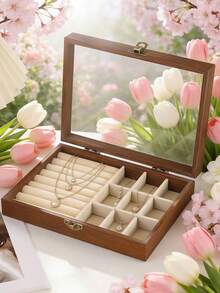 1个大型木质首饰盒，带透明盖，带锁首饰展示盒，天鹅绒内衬首饰收纳托盘，适用于戒指、耳环、项链、新娘婚礼配饰、女士礼物 - 米色 - 查看 8