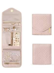 1个女士旅行首饰收纳盒，可折叠小巧首饰卷，适用于旅行收纳戒指、项链、耳环、手镯，迷你款，柔粉色（不含首饰） - 粉色 - 查看 3