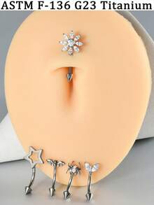 1PC CZ Flower/Bat/Spider /Bee Moon&Star Rook Earring,16G Implant Grade Titanium Internal Thread Eyebrow Labret Lip Belly Button Ring Curved Barbell Clear Zirconia Floral Cartilage Daith Conch Earring - Titanium Color - View 6