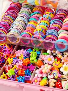 718件套休闲简约女孩发夹、发圈和发饰套装，礼盒装公主发圈，日常使用 - 彩色 - 查看 7