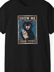 Ladies Short-Sleeved T-Shirt Black Cat Pattern Holding A Wine Bottle Decoration SHOW ME YOUR TITOs Text Black Round-Neck - màu đen - Xem 1