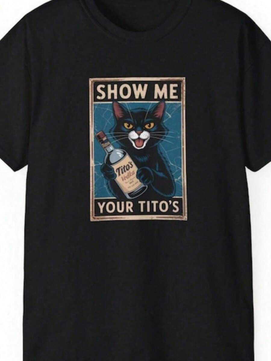 Ladies Short-Sleeved T-Shirt Black Cat Pattern Holding A Wine Bottle Decoration SHOW ME YOUR TITOs Text Black Round-Neck - màu đen - Xem 1