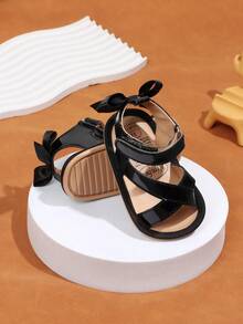 1 Pair Girls' Solid Color Bow PU Hook And Loop Design Flat Non-Slip Breathable Sandals, Toddler First Walking Shoes Suitable For Summer, 0-1 Years Old - Black - View 4