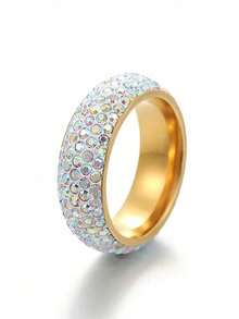 1 pieza Anillo de pareja de acero inoxidable con 5 filas de rhinestones, anillo de nicho curvo versátil y de moda - Multicolor - Ver 8
