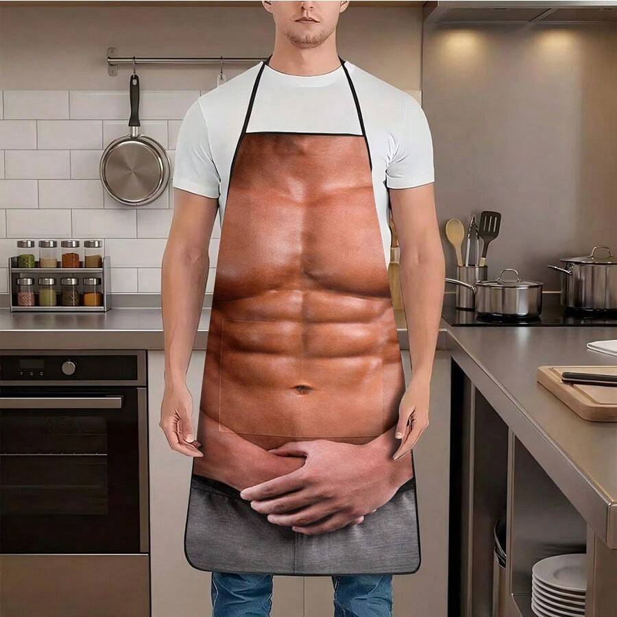 1pc Men's Muscle Pattern Apron, Creative Fitness Themed Kitchen Apron, Muscle, Chest, Abs Design, Cooking, Baking, BBQ Protective Apron - A - View 1