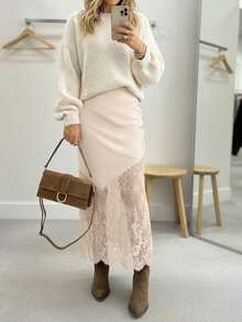 Chân váy ôm sát cơ thể bằng vải dệt kim màu trơn thanh lịch, phối ren, có khóa kéo, thiết kế ôm dáng phù hợp cho mặc hàng ngày, mùa thu/đông (YY1127) Xuân - Màu be - Xem 8