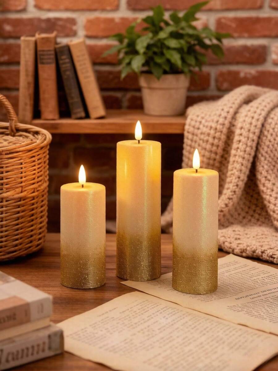Vela sin llama LED para decoración del hogar, luz de ambiente para decoración de Navidad, boda, cumpleaños y fiesta, con efecto de brillo, decoración del hogar con purpurina dorada para fiestas festivas, adecuada para bodas, San Valentín, Halloween, Acción de Gracias, Navidad y decoración de escritorio como luz nocturna