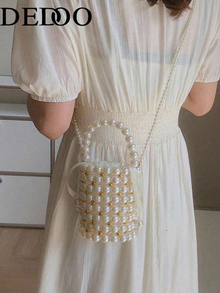 Dedoo 珍珠包 小号斜挎包 串珠迷你复古手工编织珍珠包 - 米色 - 查看 1