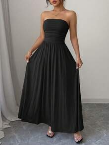Women Summer Strapless Dress Sleeveless Tube Dress Ruched Flowy Side Pocket Bandeau Maxi Dress Casual Spring Vacation Holiday Beach Cocktail Wedding Guest Midi Dresses Outfits - 黑色 - 查看 4